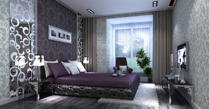 Gray wallpaper in the interior of the bedroom